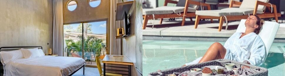 on the left, a photo of a hotel room from a vegan hotel, and on the right, a photo of a woman in a robe on a floating chair in a pool, with a floating tray of vegan brunch items