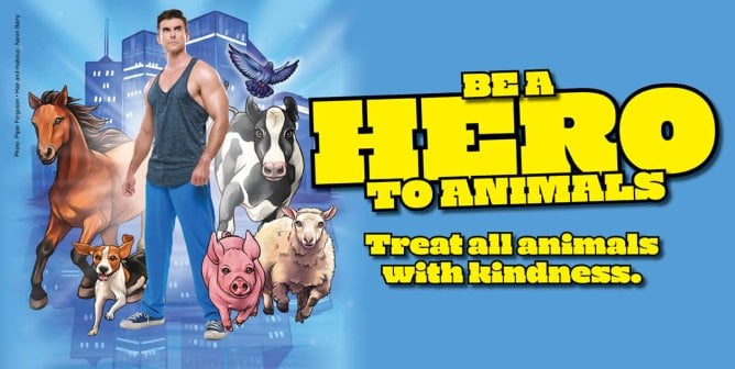 Cooper Barnes next to a group of illustrated animals and text that says "be a hero to animals, treat all animals with kindness."