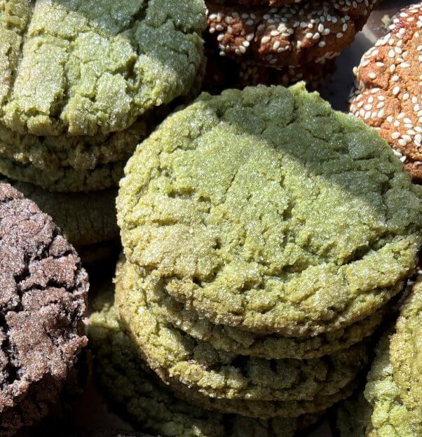 a stack of vegan matcha cookies from Orange and Blossom 