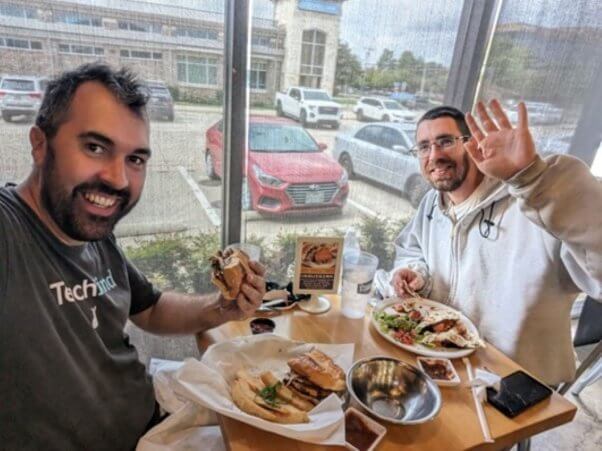 TeachKind tour team Robbie and Matthew having lunch