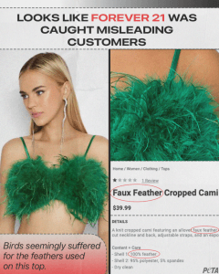 forever 21 caught misleading customers PETA to Forever 21: ‘Go Forever Feather-Free Over Mislabeling Scandal!’