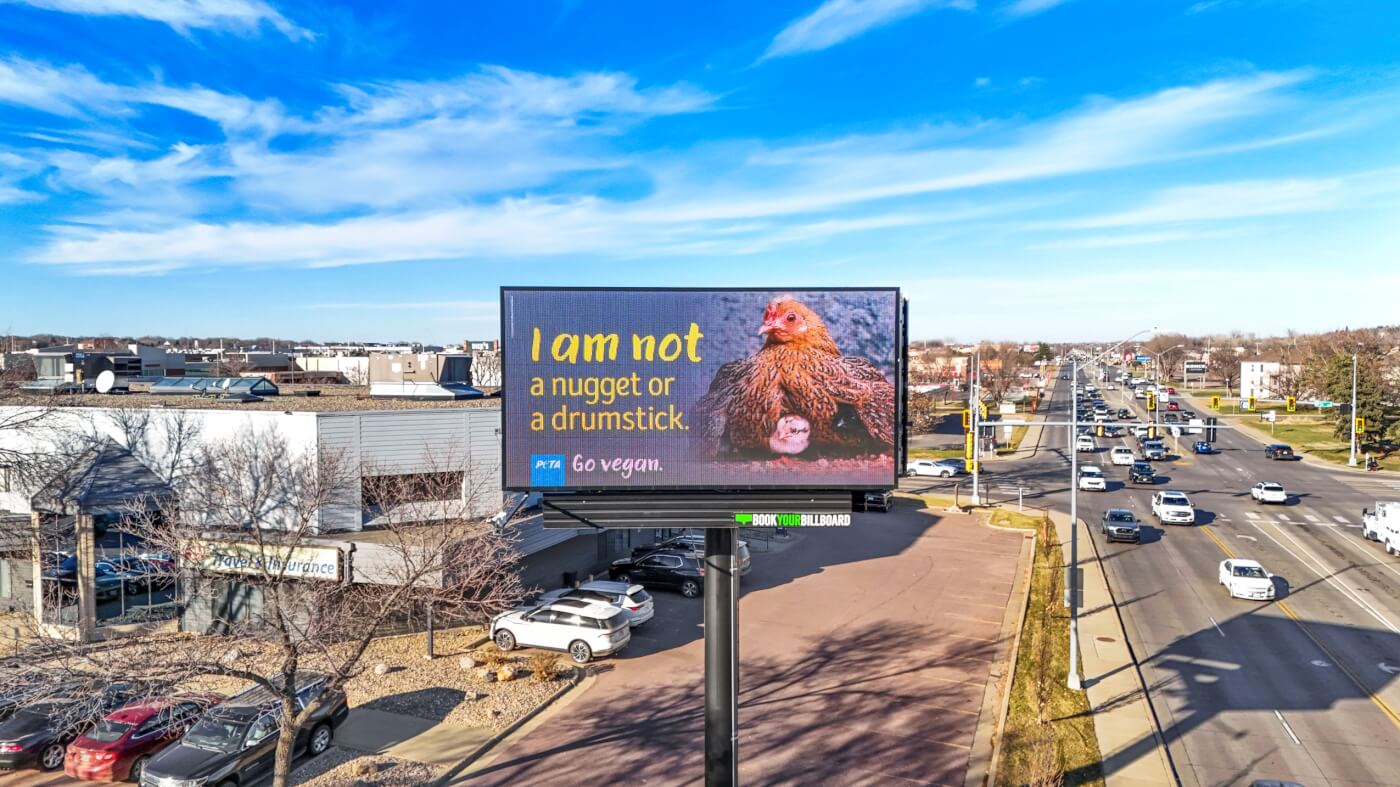 A digital billboard reads: "I am not a nugget or a drumstick."