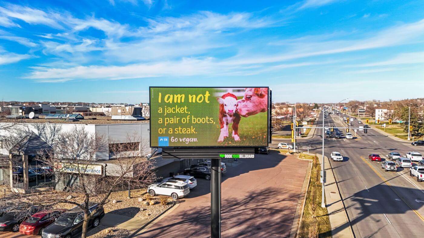 A digital billboard reads: "I am not a jacket, a pair of boots, or a steak."