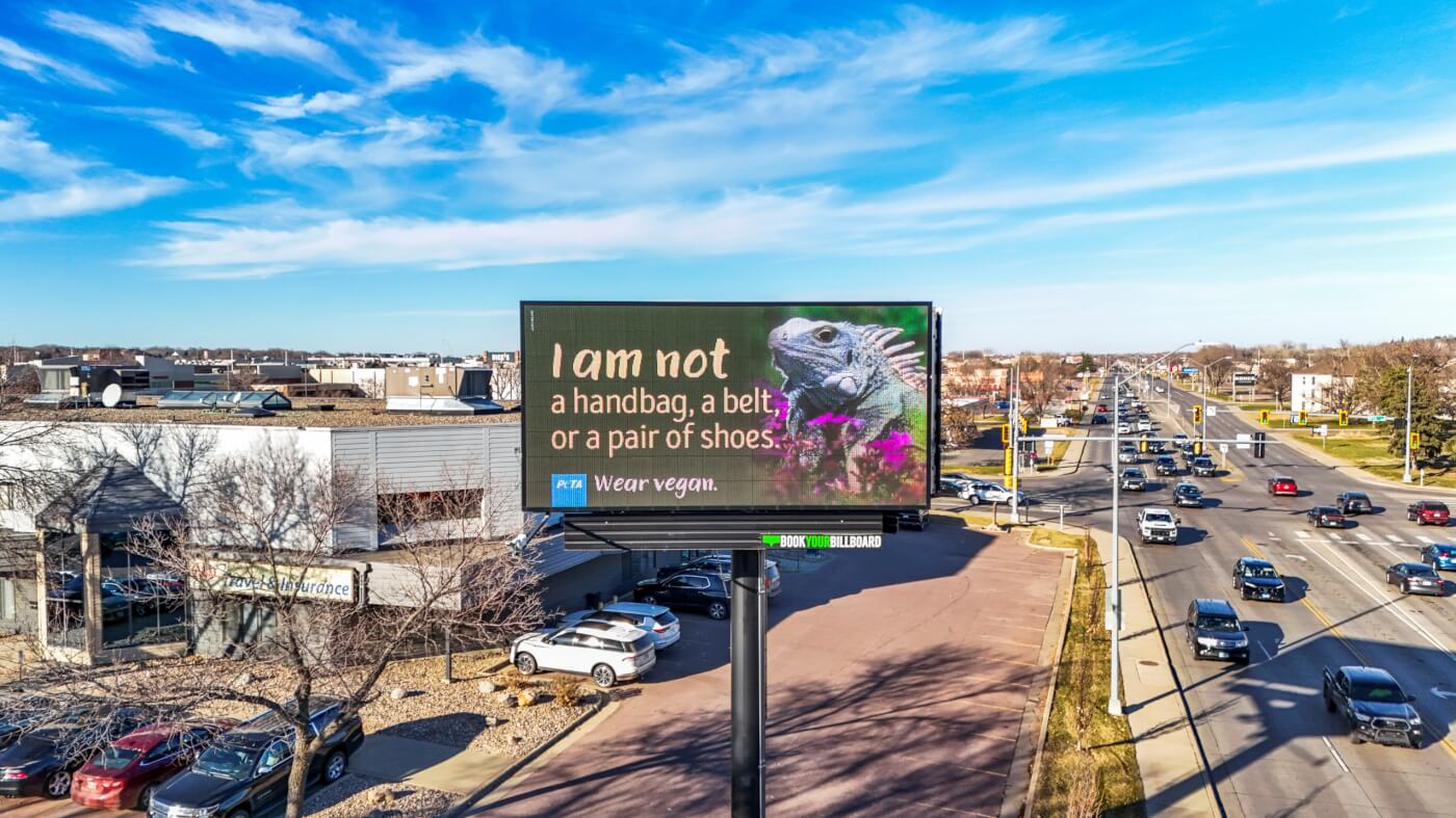 A digital billboard reads: "I am not a handbag, a belt, or a pair of shoes."