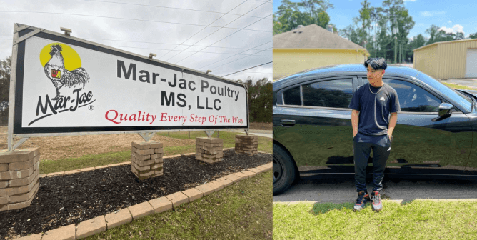 (left) sign that says mar-jac poultry (right) young man posing in front of a black car on some grass