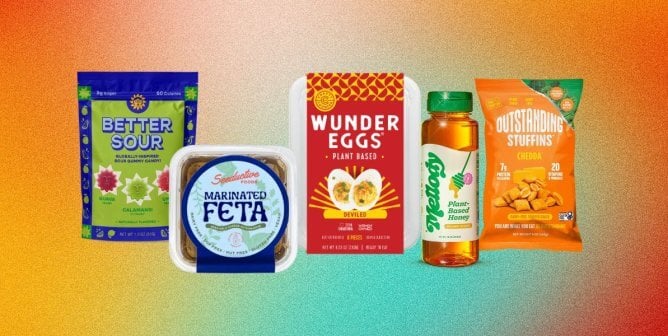 new vegan food products coming in 2024, including better sour gummies, seeductive foods marinated feta, deviled wundereggs, mellody honey, and outstanding stuffins
