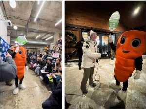 Left: Chris P. Carrot at the Asa Hutchinson rally in Des Moines, Iowa, on Saturday. Right: Chris P. Carrot at the Nikki Haley rally in Adel, Iowa, on Sunday. Credit: PETA