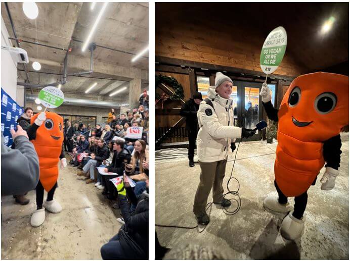 Left: Chris P. Carrot at the Asa Hutchinson rally in Des Moines, Iowa, on January 13. Right: Chris P. Carrot at Nikki Haley’s rally in Adel, Iowa, on January 14. Credit: PETA