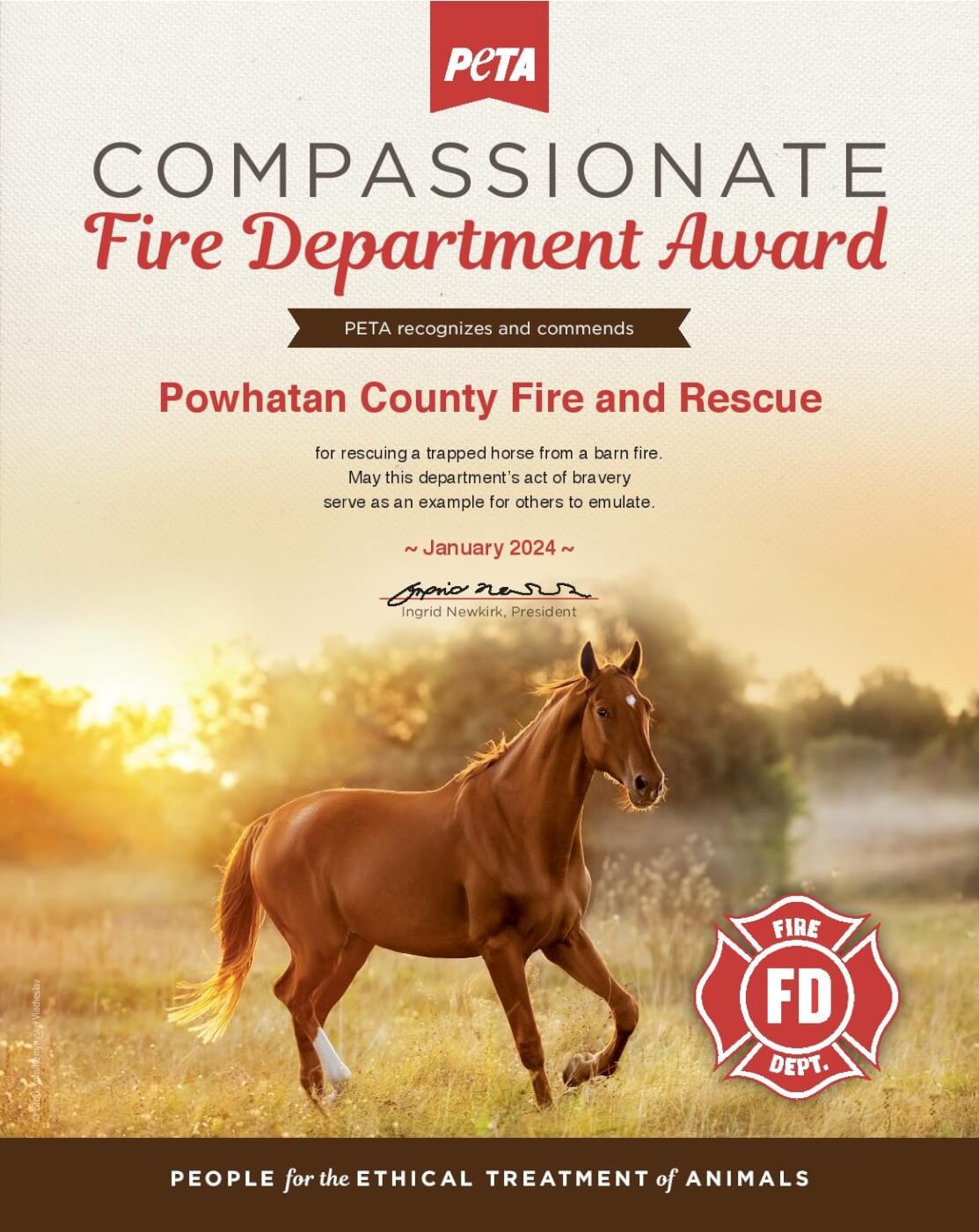 Compassionate Fire Department Award Powhatan County 1.24 PO Powhatan County Fire Department, Good Samaritans Nab PETA Awards for Saving Horses From Fire
