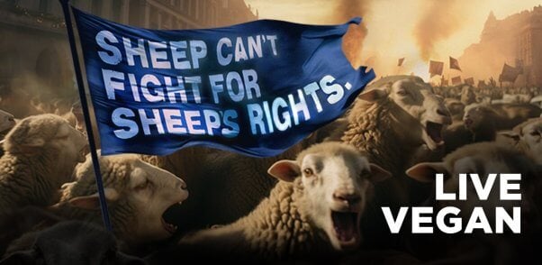 A group of sheep protesting with a sign that says "sheep can't fight for sheep's rights" and "live vegan" in the lower righthand corner