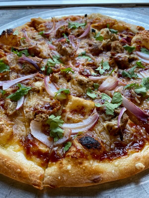 Spak Brothers vegan bbq seitan pizza