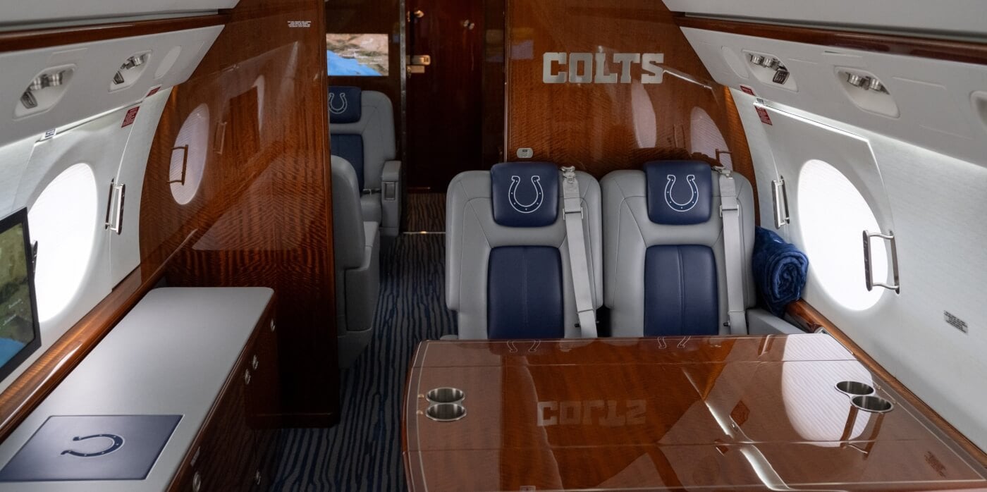 The interior of the Colts' plane, the 'Blue Vegan'