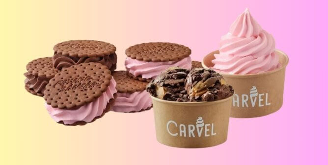 carvel vegan ice cream offerings, including ice cream sandwiches, scoops, and soft serve