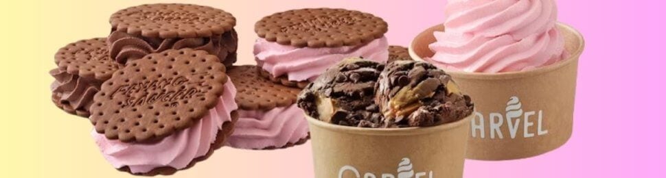 carvel vegan ice cream offerings, including ice cream sandwiches, scoops, and soft serve
