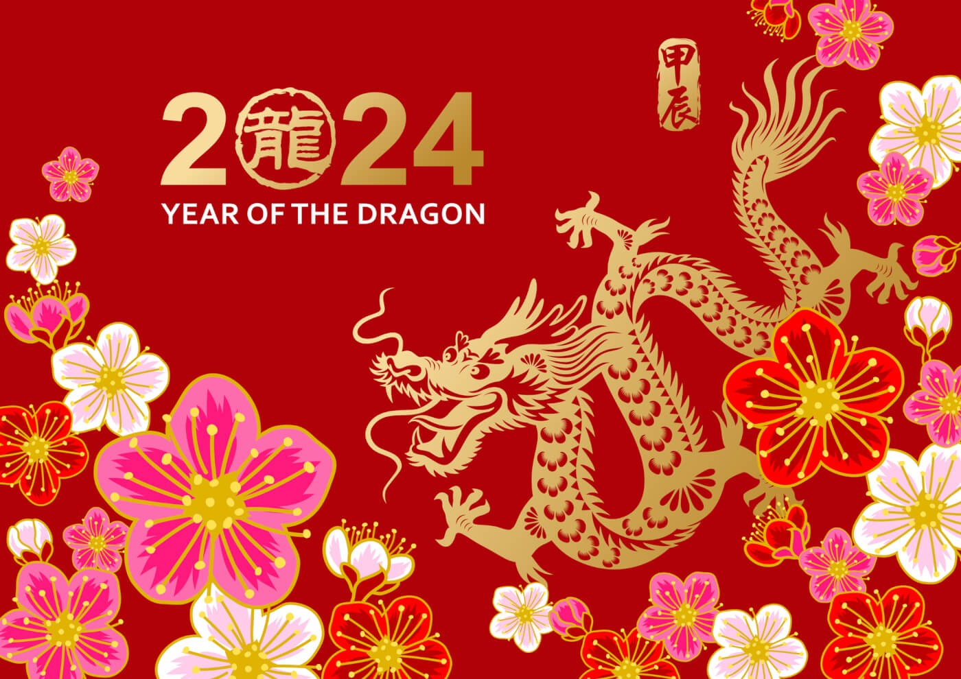 Illustration of a gold foil dragon and plum flowers