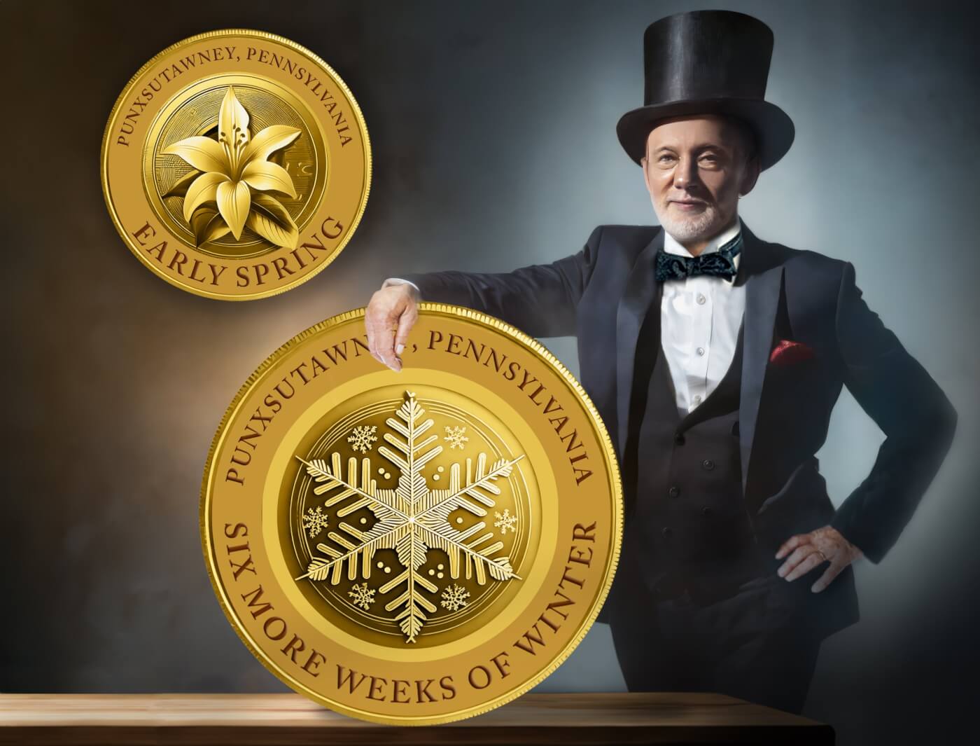 Photo of a man in a suit next to a giant gold coin showing two sides