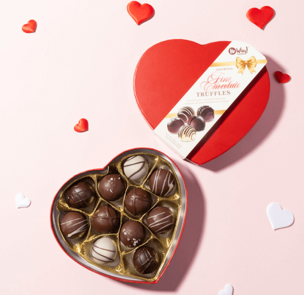 a heart-shaped vegan chocolate truffle box for valentine's day, from No Whey! Foods