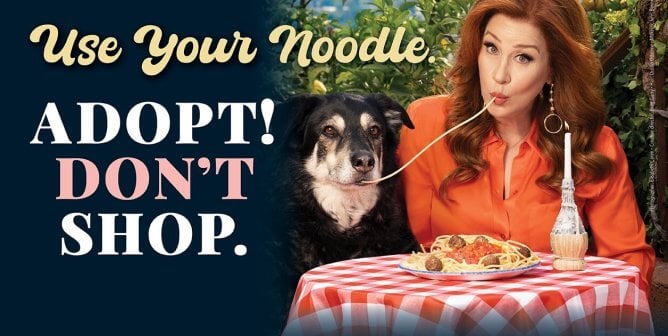 Lisa Ann Walter with her adopted dog Buster, text reads "Use Your Noodle - Adopt, Don't Shop