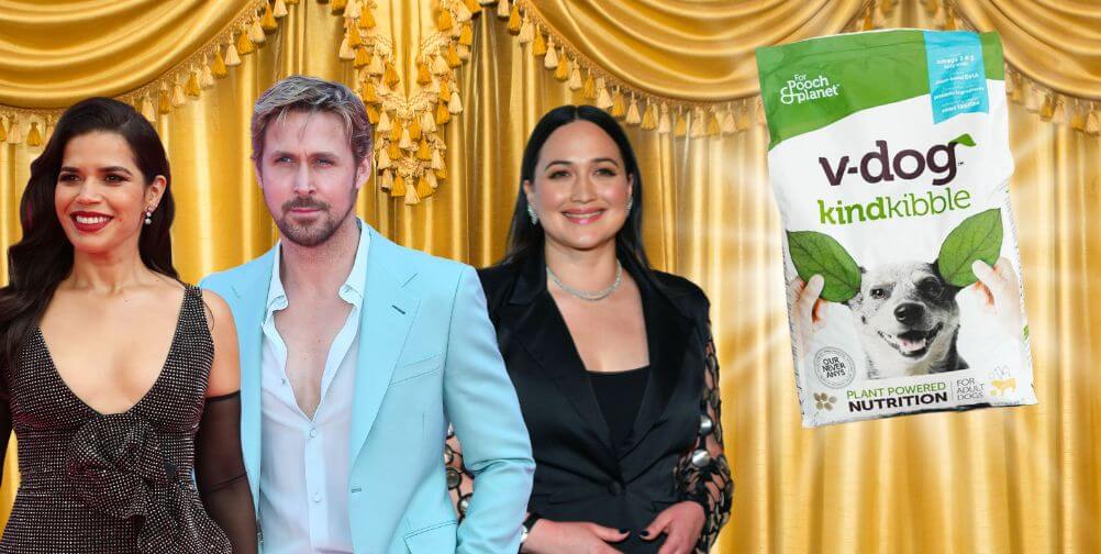 Three Oscars® nominees next to vegan dog food brand v-dog