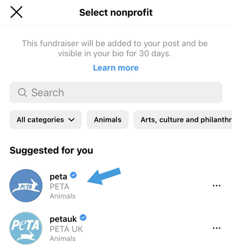 Screenshot of instagram showing an arrow pointing to the PETA icon