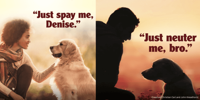 (left) woman petting dog with text that says "just spay me" (right) man and dog with text that says "just neuter me"