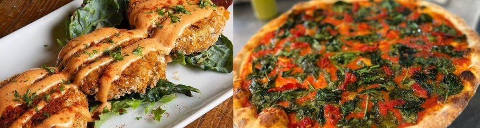 vegan New Orleans food, crabless cakes from I-tal Garden and vegan pizza from Pizza Delicious