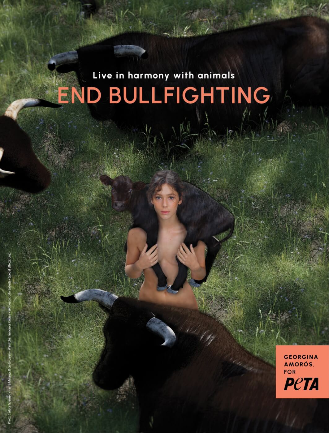 Georgina Amoros holding a calf with text reading Live in harmony with animals. End bullfighting