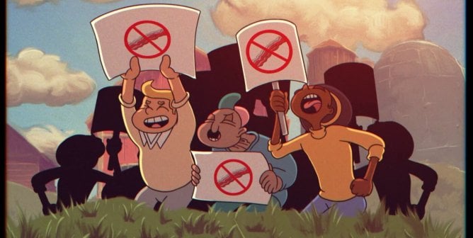 illustration of protesters outside a farm raising pigs to not kill animals