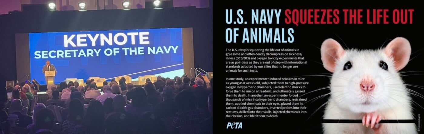 Photo of keynote speech on the left with PETA
