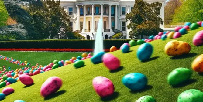 colorful dyed potatoes rolling down a hill in front of the white house for easter