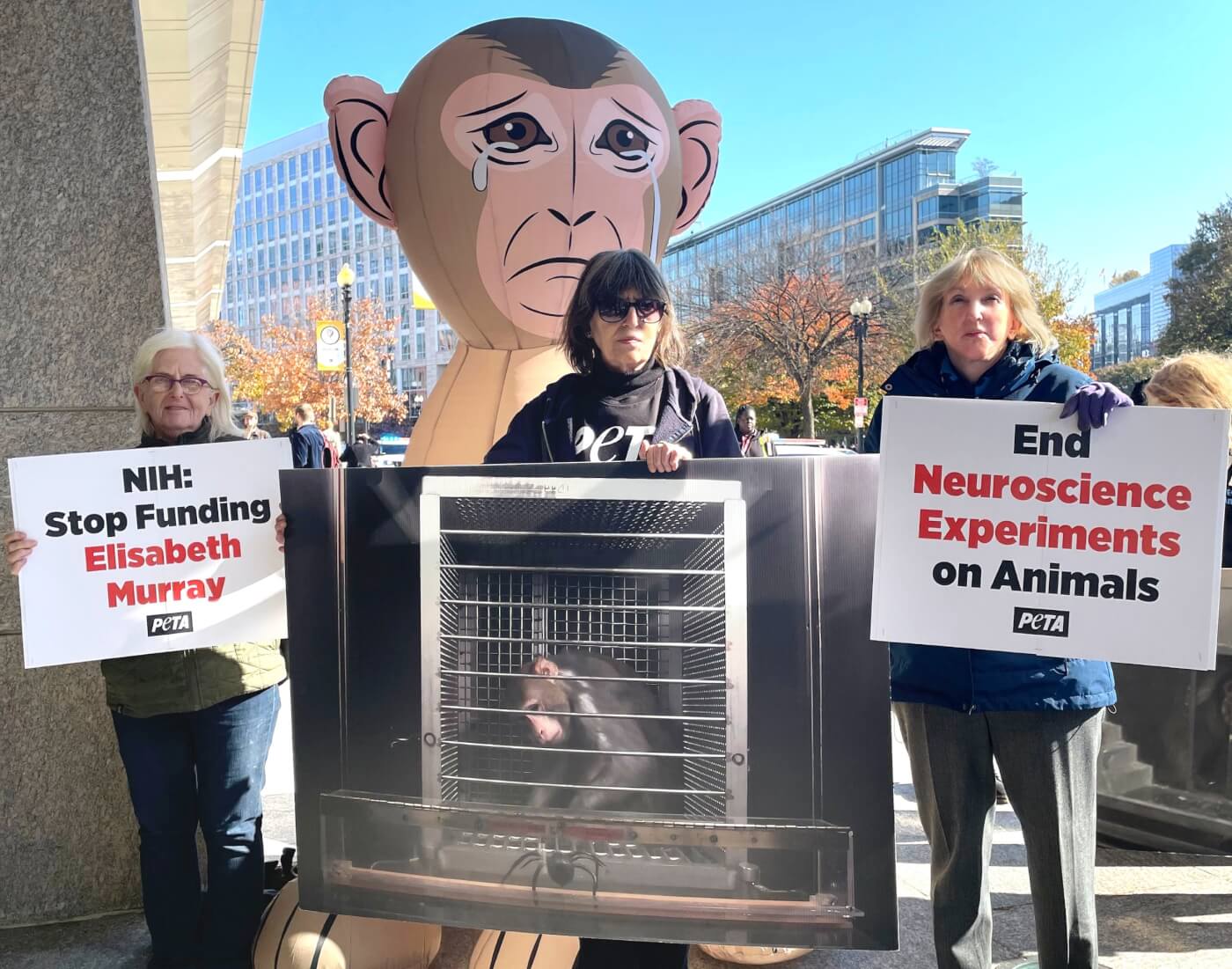 Ingrid and PETA supporters protest at the 2023 Neuroscience conference
