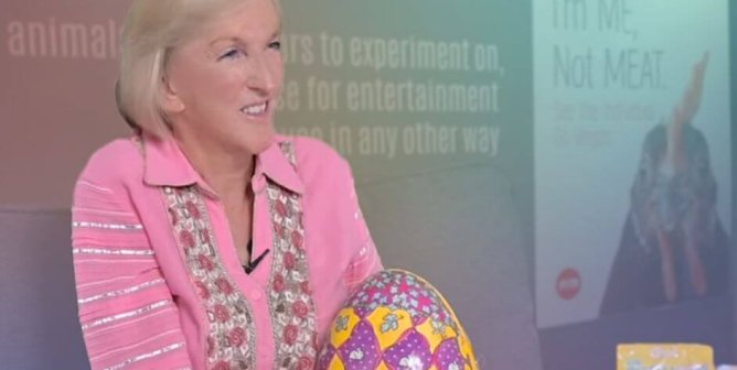 Ingrid Newkirk holding vegan easter egg