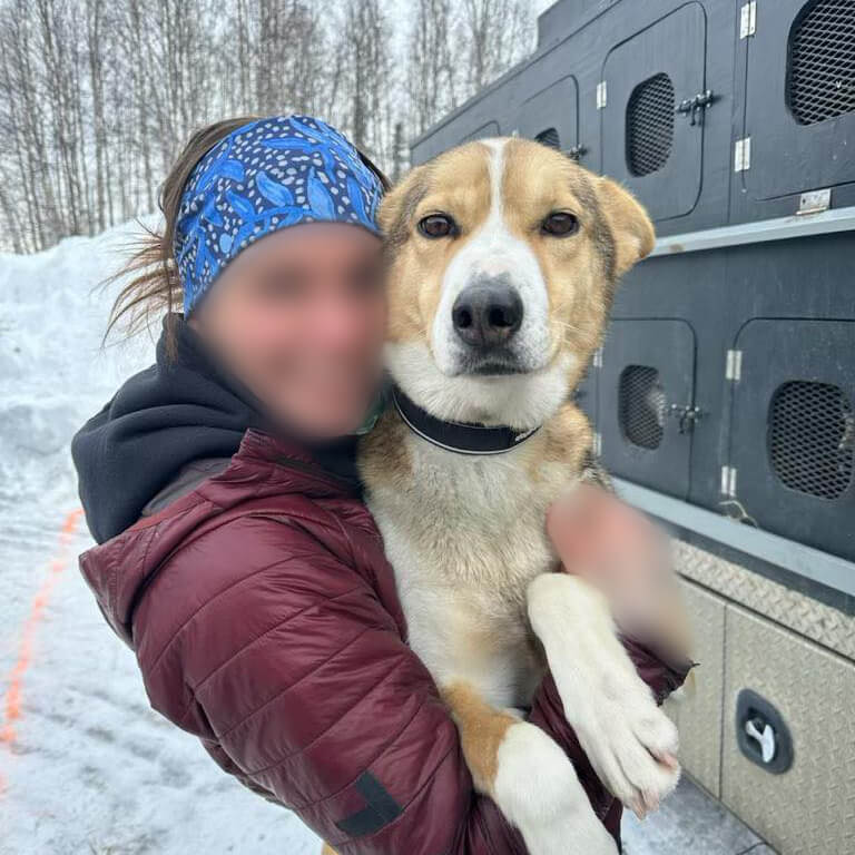 human with blurred face and identifying features holding a dog beside a mobile kennel