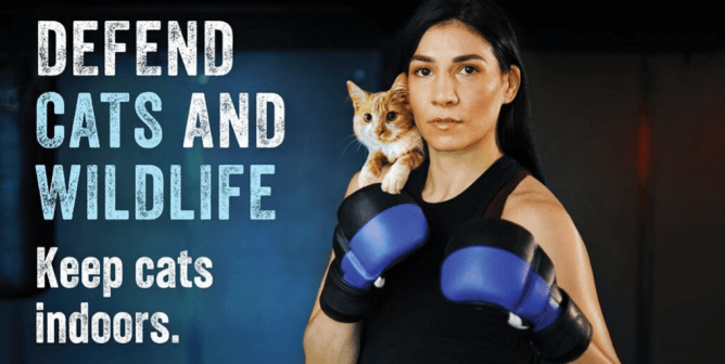 Irena Aldana PETA ad reading "Defend Cats and Wildlife - Keep Cats Indoors."