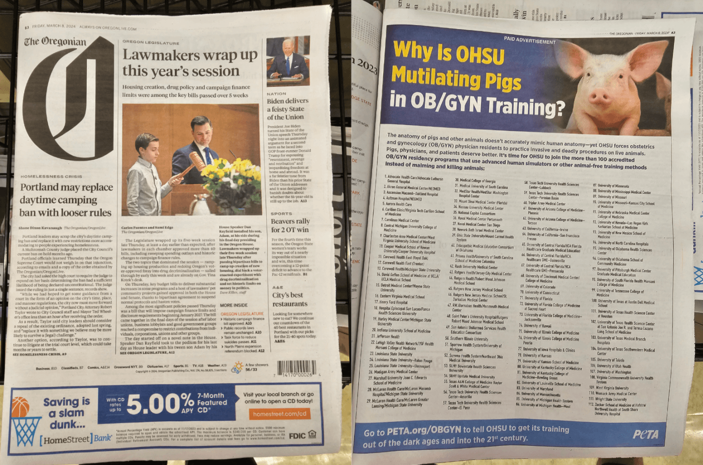 Photo of OHSU paper spread with PETA Ad