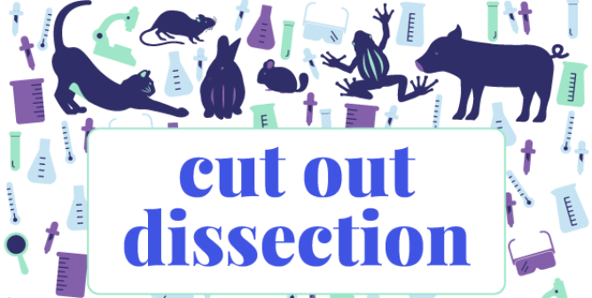 colorful graphic of animals in front of science equipment with text that says "cut out dissection"