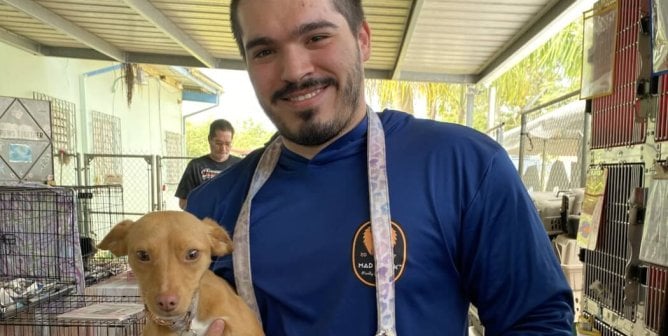 A man holding a light brown dog in