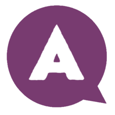 The letter A in a purple speech bubble