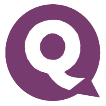 The letter Q in a purple speech bubble