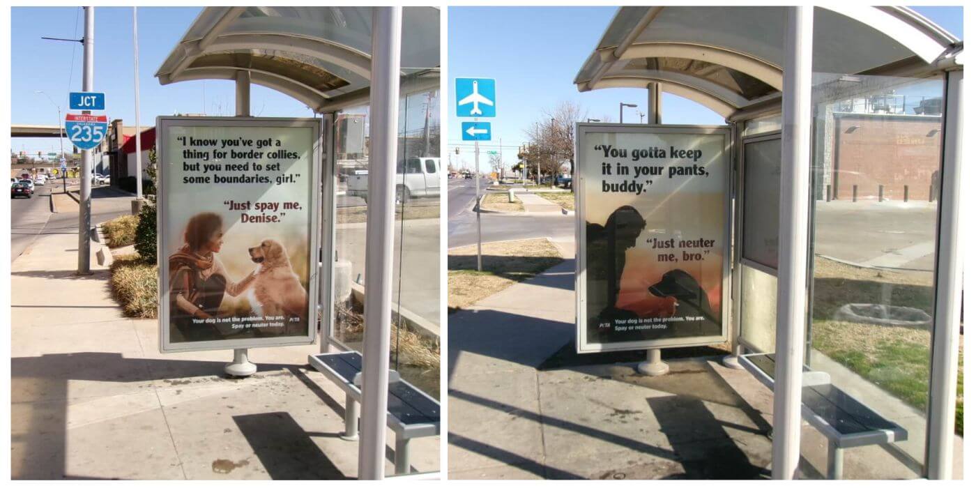 side-by-side images of two bus stop ads