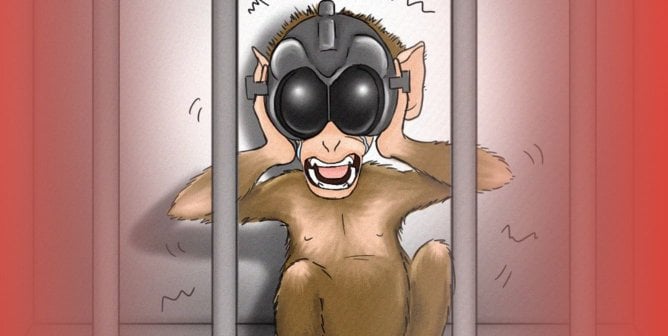 An illustration of a baby monkey with goggles on distrressed