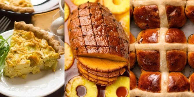 three vegan easter recipes, including quiche, vegan ham, and hot cross buns