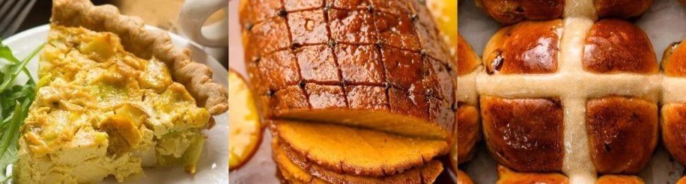 three vegan easter recipes, including quiche, vegan ham, and hot cross buns