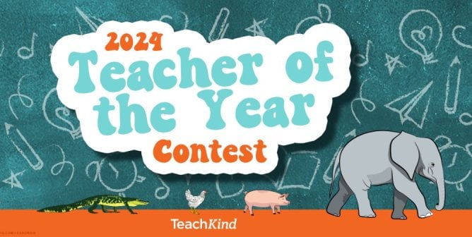 2024 teacher of the year contest image showing a chalk board with illustrations and a line of animals walking
