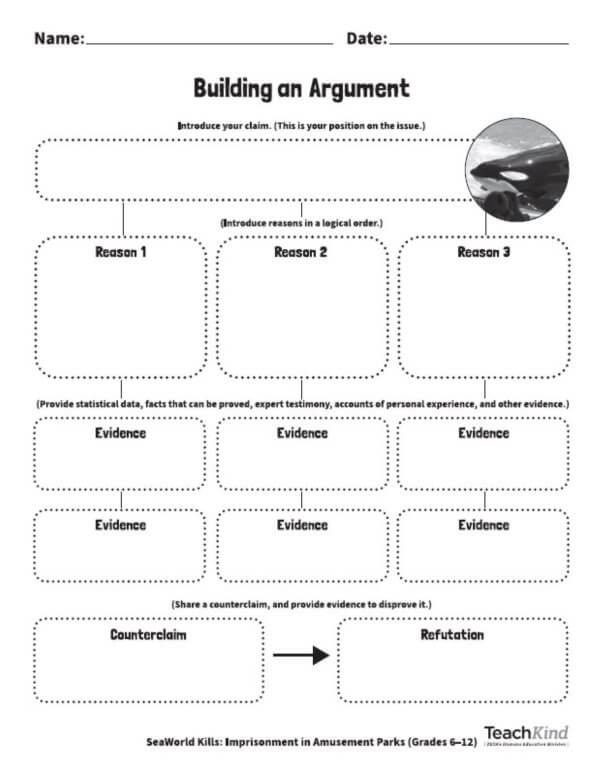 Page 1 of the 2024 TeachKind Blackfish Building An Argument Worksheet