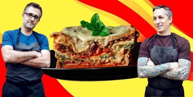wicked kitchen chefs chad and derek sarno with an image of vegan lasagna