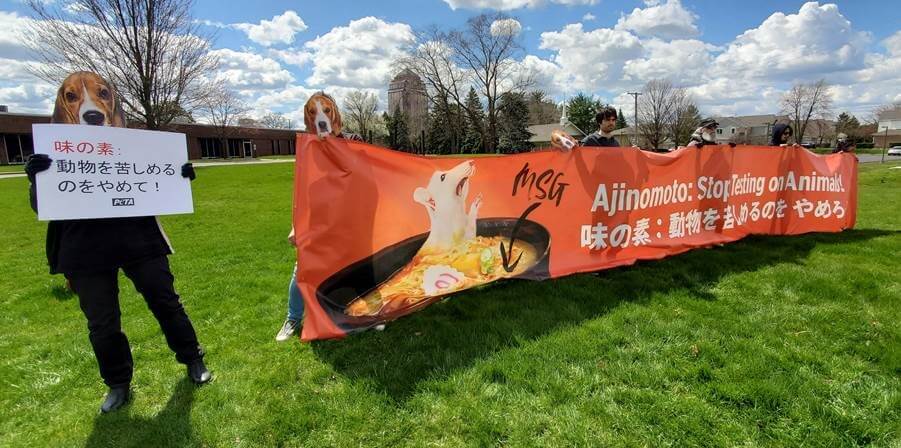 Six PETA demonstrators stand with signs and a large banner