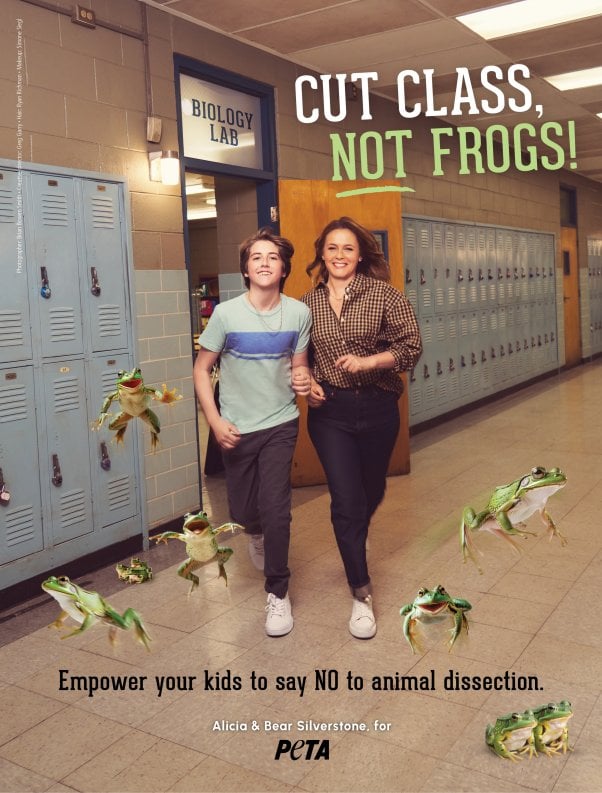 Alicia and Bear Silverstone run out of a biology lab with several frogs. Text reads "Cut Class, Not Frogs! Empower your kids to say NO to animal dissection"