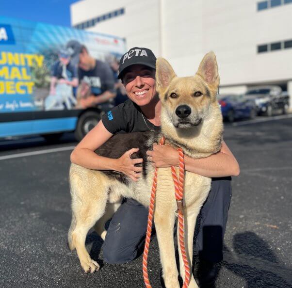 El perro rescatado Timothy con la trabajadora de campo de PETA Katherine