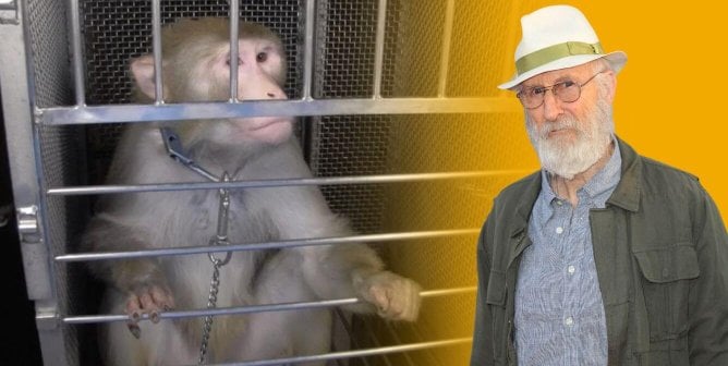 James Cromwell with orange glow next to Sam Smith the monkey at NIMH lab